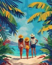 Group of friends at a beach outing flat design front view tropical theme animation vivid Royalty Free Stock Photo