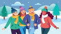 A group of friends bundled up in hats and scarves laughing and reminiscing as they walk through a snowcovered field in
