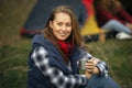 Group of friends on a camping or hiking trip in autumn day Royalty Free Stock Photo