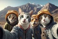 Group of friends with cats in the mountains