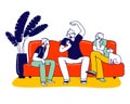 Group of Friends Characters Wearing Foil Hats on Heads Sitting on Sofa in Living Room Discussing Conspiracy Theories