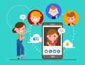 Group of friends chatting online by video call app with smartphone. Social media technology concept illustration.