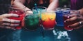 A group of friends cheering with colorful drinks at a poo created with generative AI