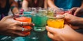 A group of friends cheering with colorful drinks at a poo one created with generative AI