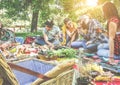 Group of friends cheering with red wine at picnic outdoor - Young trendy people having fun eating and drinking at lunch in summer Royalty Free Stock Photo