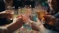 Group of friends cheers with champagne at lively nightclub party generated by AI