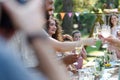 Group of friends clinking glasses at garden party. Celebratory toast at the table. Royalty Free Stock Photo