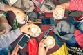 Group of friends drinking cappuccino at coffee bar restaurants