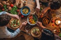 Group of friends eat variety of colorful chopped vegetables in bowl. Healthy raw food with nuts and vegetables.