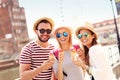 Group of friends eating ice-cream in Gdansk Royalty Free Stock Photo