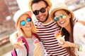 Group of friends eating ice-cream in Gdansk Royalty Free Stock Photo