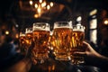 Group of friends enjoying happy hour at brewery pub closeup of beer glasses on bar table Royalty Free Stock Photo