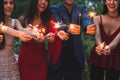 Group of friends enjoying with sparklers fireworks in the party in the evening Royalty Free Stock Photo