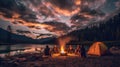 Group of friends enjoying their vacation near a campfire