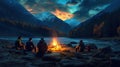 Group of friends enjoying their vacation near a campfire