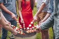 Group of friends grilling shashliks Royalty Free Stock Photo