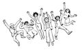 Group of friends have fun, jump, dance and fool around. Hand drawn vector illustration in sketch style.