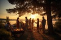 Group of friends having a barbecue party on a beach at sunset, A group of people at a barbecue at sunset, Summer vacation, AI