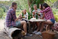 Group of friends having fun while eating and drinking at a pic-nic - Happy people at bbq party. Happy summer time. Royalty Free Stock Photo