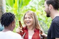 Group of friends having fun and happy in barbecue party at house backyard Royalty Free Stock Photo