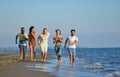 Group of friends having fun walking down the beach at sunset Royalty Free Stock Photo