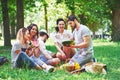 Group of friends having pic-nic in a park on a sunny day - People hanging out, having fun while grilling and relaxing