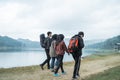 Group of friends on hiking enjoy lake view