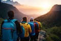 Group of friends hiking in mountains Royalty Free Stock Photo