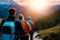 Group of friends hiking in mountains Royalty Free Stock Photo