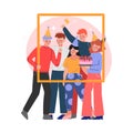 Group of Friends Holding Portrait Frame Set, Happy Young People Wearing Party Hats Celebrating Birthday with Cake Vector Royalty Free Stock Photo