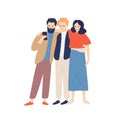 Group of friends hugging taking selfie using smartphone vector flat illustration. Smiling people posing photographing