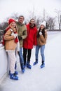 Group of friends near fence at outdoor ice rink Royalty Free Stock Photo