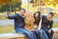 Group of friends with photo camera in autumn park Royalty Free Stock Photo