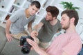 Group friends photographers taking photo together Royalty Free Stock Photo