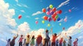 A group of friends releasing balloons into the sky, sending their birthday wishes soaring high