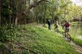 Group of friends ride mountain bike in the forest together Royalty Free Stock Photo