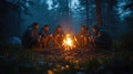 A group of friends roasting marshmallows over the fire, using sticks to make smores on a camping trip at night in the forest Royalty Free Stock Photo