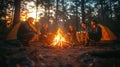 A group of friends roasting marshmallows over the fire, using sticks to make smores on a camping trip at night in the forest Royalty Free Stock Photo