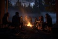 Group of friends sitting around the campfire in the forest at night, A haunting and imaginative scene depicting a spooky, AI