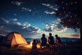 Group of friends sitting near campfire and looking at night starry sky, A family camping trip under a star-filled sky, AI Royalty Free Stock Photo