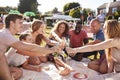 Group Of Friends Sitting On Rug At Summer Garden Fete And Making Toast