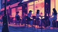 A group of friends sitting at a sidewalk cafe sipping on milkshakes and chatting surrounded by vintage adver and neon