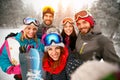 Group of friends with ski on winter holidays - Skiers having fun Royalty Free Stock Photo