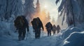 A group of friends on a skiing adventure, carving through fresh powder snow in a dense forest, early morning, soft and warm
