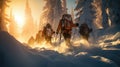 A group of friends on a skiing adventure, carving through fresh powder snow in a dense forest, early morning, soft and warm