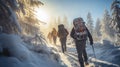 A group of friends on a skiing adventure, carving through fresh powder snow in a dense forest, early morning, soft and warm