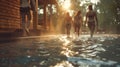 A group of friends stepping out of a sauna cabin and heading towards a chilly pool.