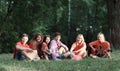 Group of friends students with books and guitar sitting on the grass in the Park Royalty Free Stock Photo