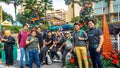 Group of friends taking photo at the entrance to the Sunway Lagoon water park and theme park