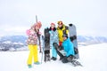 Group of friends taking selfie at resort. Winter vacation Royalty Free Stock Photo